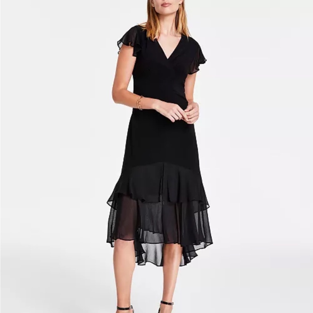 Tommy Hilfiger Women's Black V-Neck Chiffon-Trim Midi Dress with Flutter Sleeves